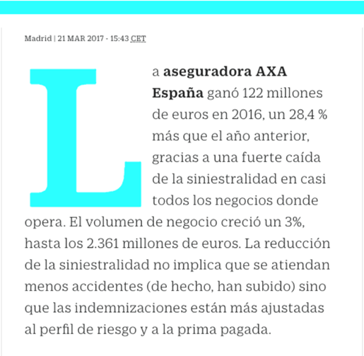 AXA ganó 122 millones, un 28,4% más en el 2016 (Cinco Días)
